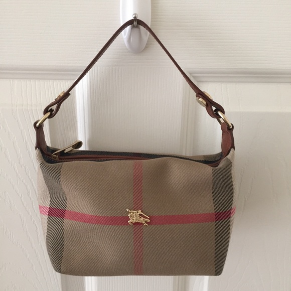 Burberry Handbags - Burberry Beige Check Mini Shoulder Bag with Pink Accent